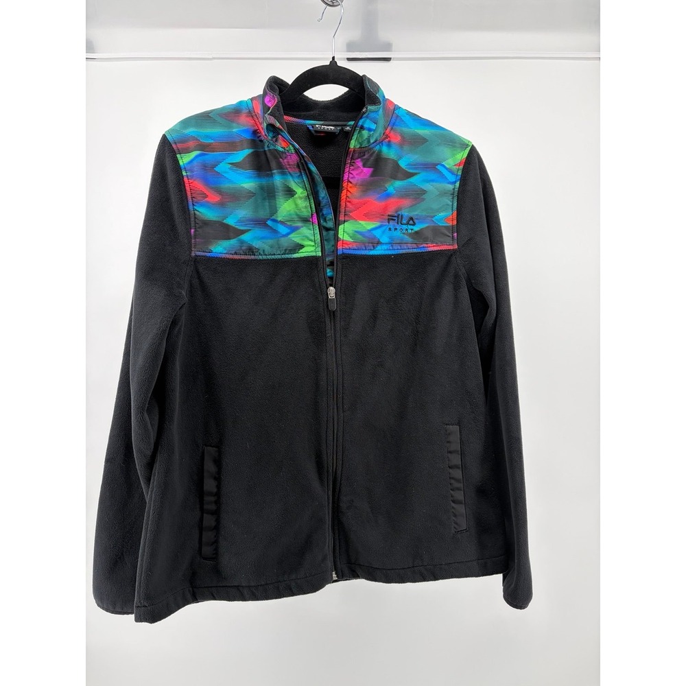 FILA Sport Jacket Black & Multi Color Zip Sz M Athletic Running Velour Fleece